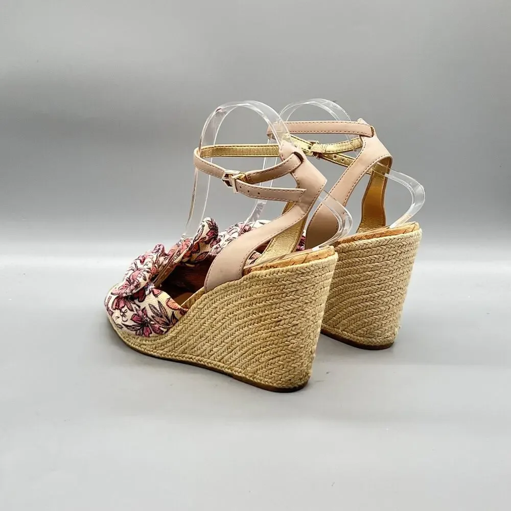 Sam Edelman Sandals Women 10 Pink Cotton Floral Bow Ankle Espadrille Wedge Shoes